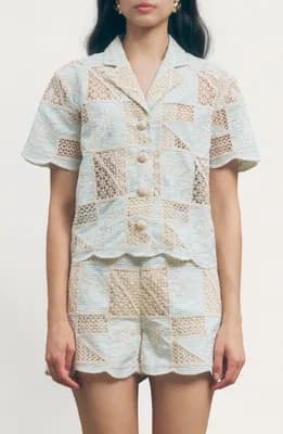 Patchwork Crochet Button-Up Camp Collar Shirt