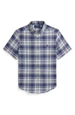 Kids' Plaid Short Sleeve Linen Button-Down Shirt