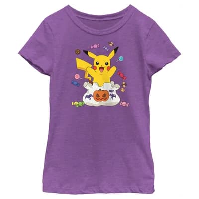 Girl's Pokemon Halloween Pikachu Bag of Candy Graphic T-Shirt