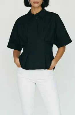 Pleated Button Half Placket Peplum Hem Shirt