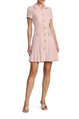 Bouclé Cap Sleeve Button Up Pleated Mini Dress