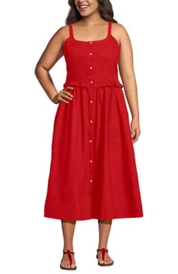 Plus Size Linen Blend Pintuck Tank Midi Dress