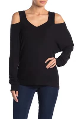 V-Neck Cold Shoulder Hacci Sweater