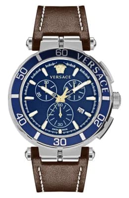 Greca Chronograph Leather Strap Watch, 45mm