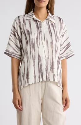 Patterned High-Low Button-Up Shirt