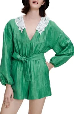 Collared Long Sleeve Linen Blend Romper