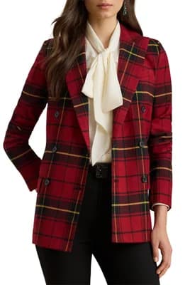 Plaid Double Breasted Wool Blend Blazer