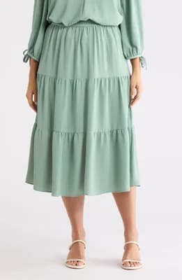 Tiered Pull-On Midi Skirt
