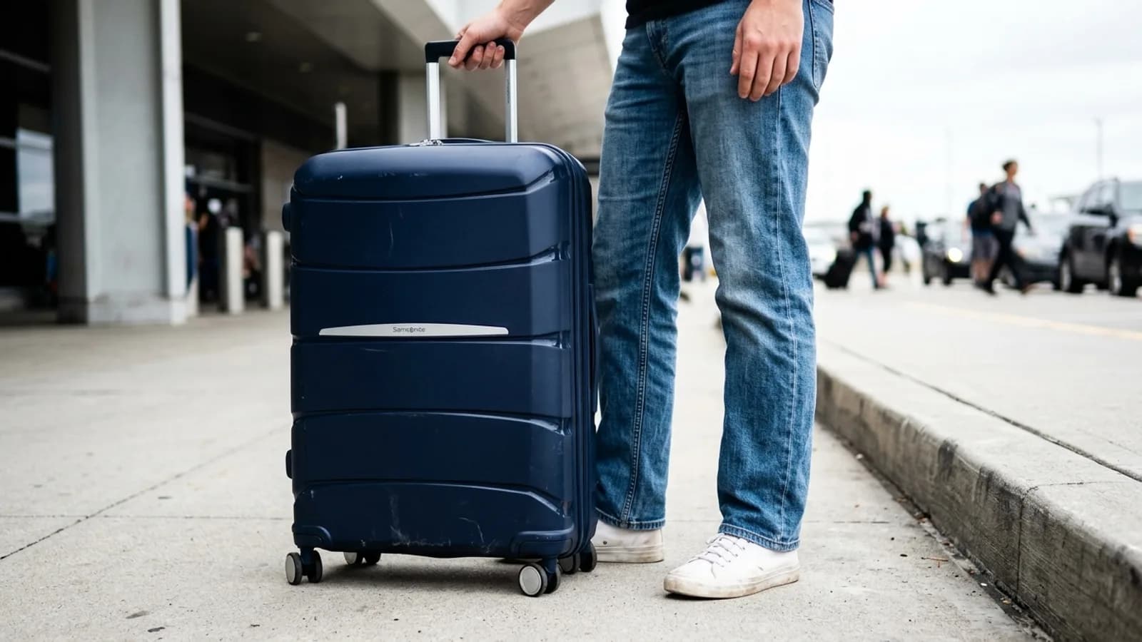 Columbus Day luggage roundup — Samsonite hardside carry-on spinner wheeled to an airport curb.