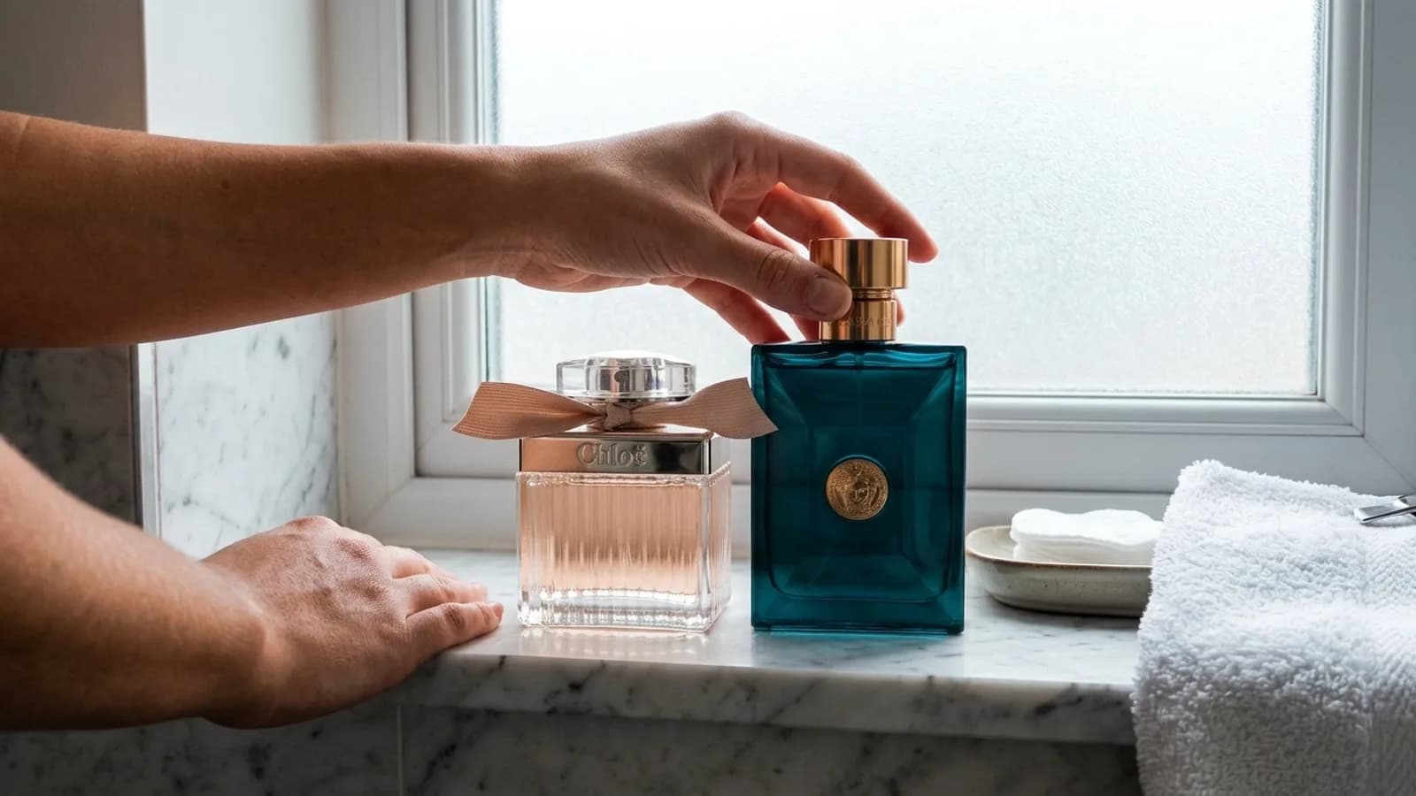 Chloe Eau de Parfum and Versace Dylan Blue bottles on a marble bathroom shelf in overcast daylight.
