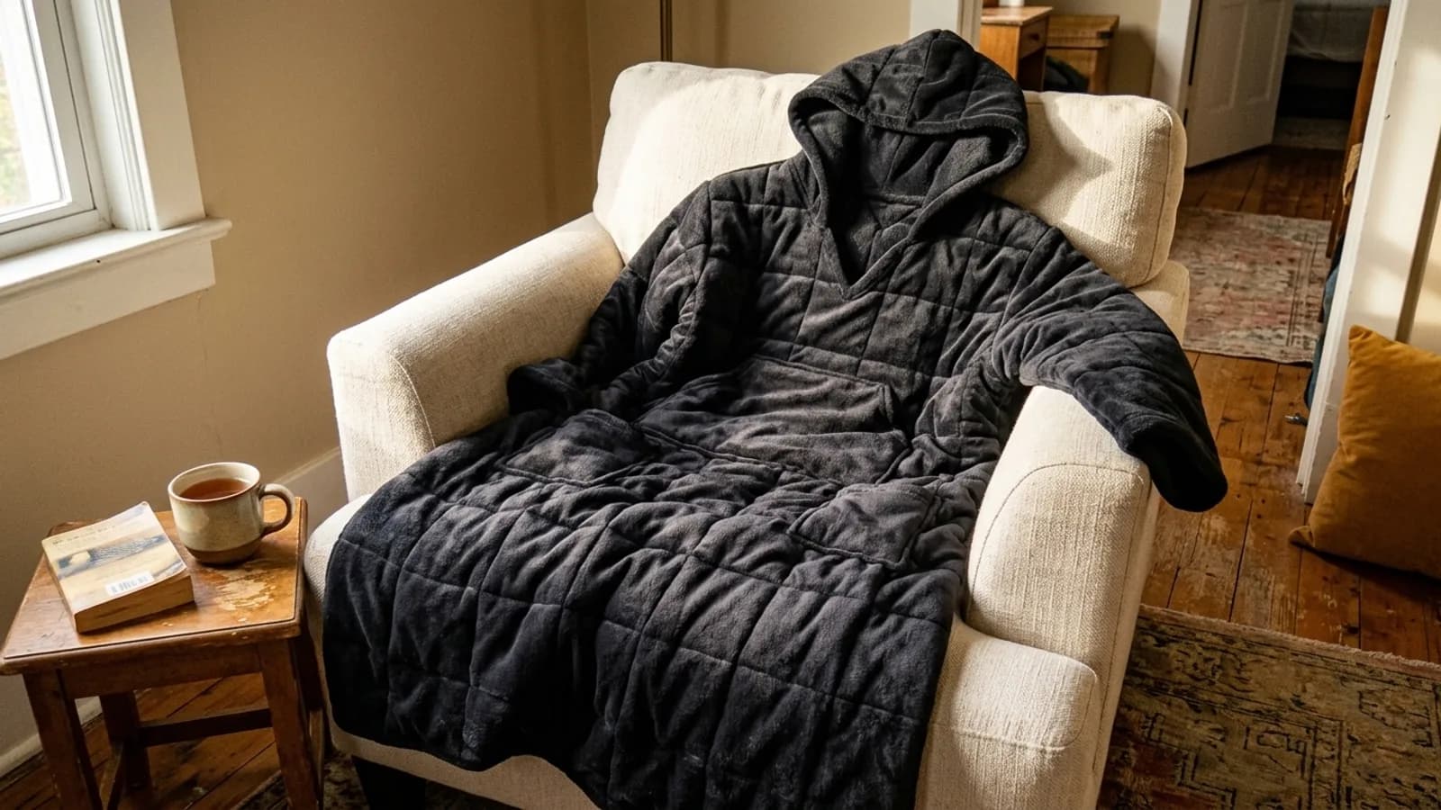 Ella Jayne weighted snuggle blanket draped over a cream armchair in an autumn living room, afternoon light